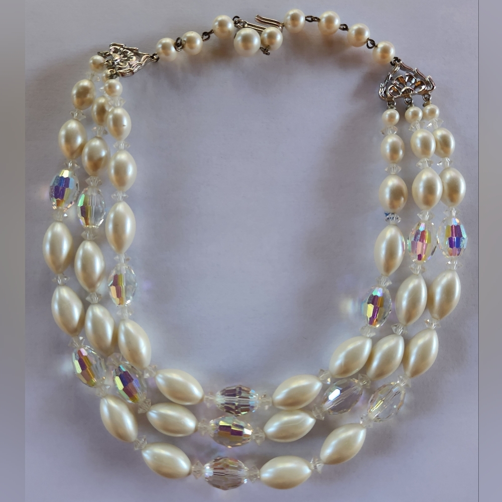 Vintage 60s Aurora Borealis and Faux Pearl Multi Strand Necklace Mid Century